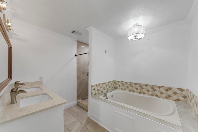 bathroom featuring a bath, visible vents, tiled shower, and crown molding