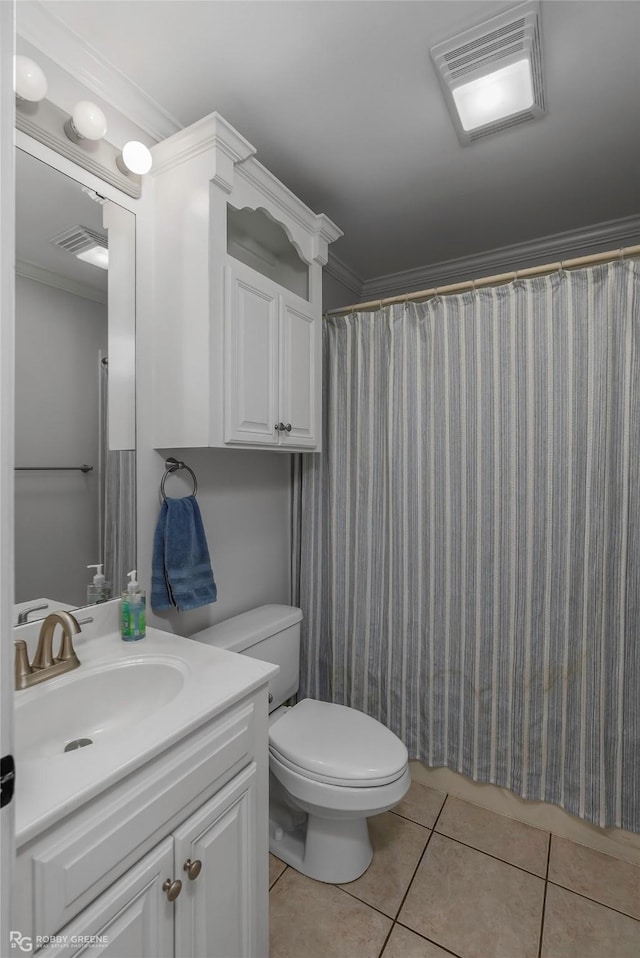 521 Lovers Lndg, Bossier City, LA 71111 - full bathroom featuring toilet, vanity, tile patterned flooring, visible vents, and ornamental molding