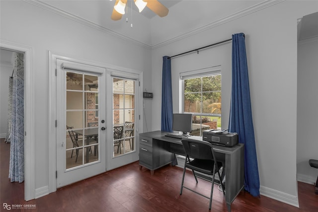 521 Lovers Lndg, Bossier City, LA 71111 - home office with dark wood finished floors, baseboards, ceiling fan, and french doors