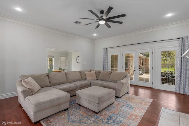 521 Lovers Lndg, Bossier City, LA 71111 - living room with french doors, ornamental molding, ceiling fan, and visible vents