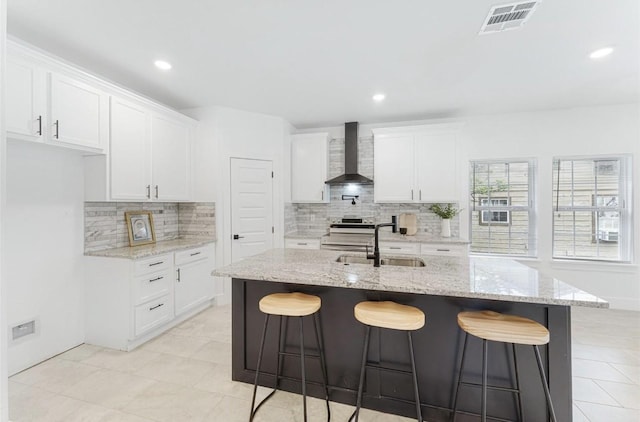 318 Whitworth St, Sulphur Springs, TX 75482 - kitchen featuring visible vents, stainless steel electric range, white cabinetry, a sink, and wall chimney range hood