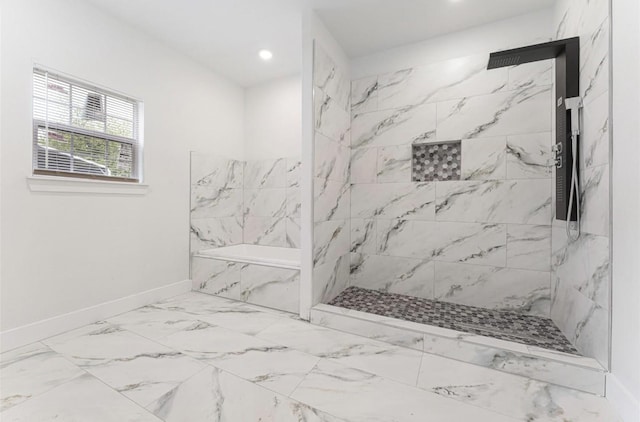 318 Whitworth St, Sulphur Springs, TX 75482 - full bath featuring a marble finish shower, recessed lighting, baseboards, marble finish floor, and a garden tub
