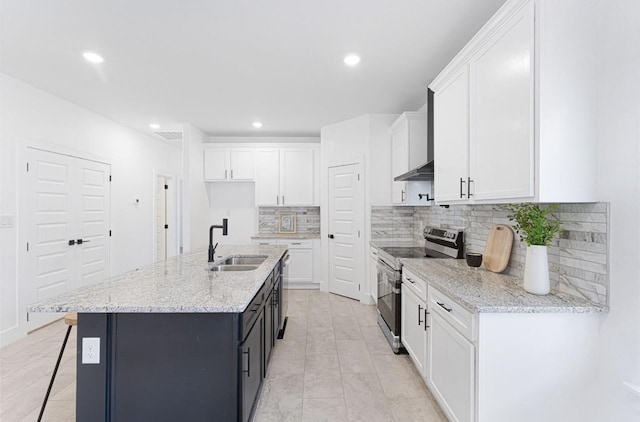 318 Whitworth St, Sulphur Springs, TX 75482 - kitchen with stainless steel electric stove, backsplash, a sink, white cabinets, and wall chimney exhaust hood