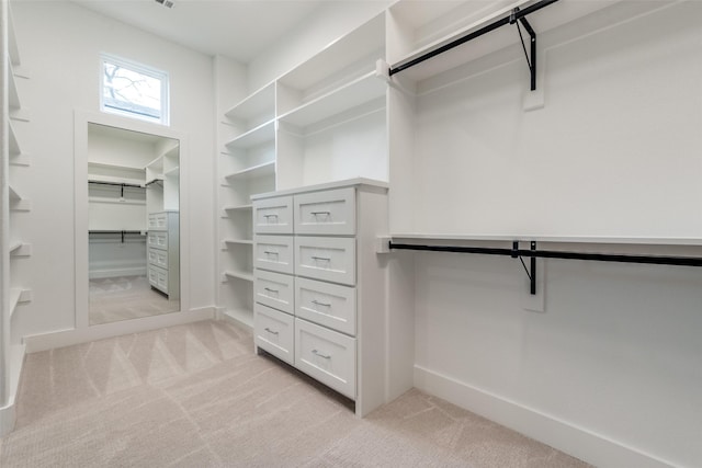 spacious closet featuring light colored carpet