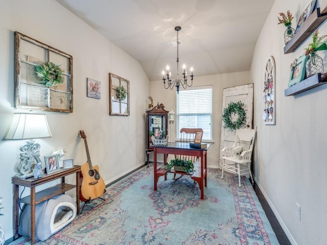 7913 Wildwest Dr, Fort Worth, TX 76131 - office with a chandelier, baseboards, and lofted ceiling