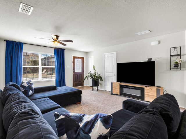 6348 Sloop St, Fort Worth, TX 76179 - carpeted living area with a textured ceiling, baseboards, ceiling fan, and visible vents