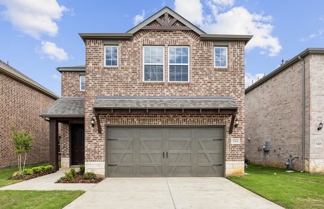 244 Kistler Dr, Little Elm, TX 76227 - view of front facade featuring brick siding, a garage, driveway, a shingled roof, and a front yard