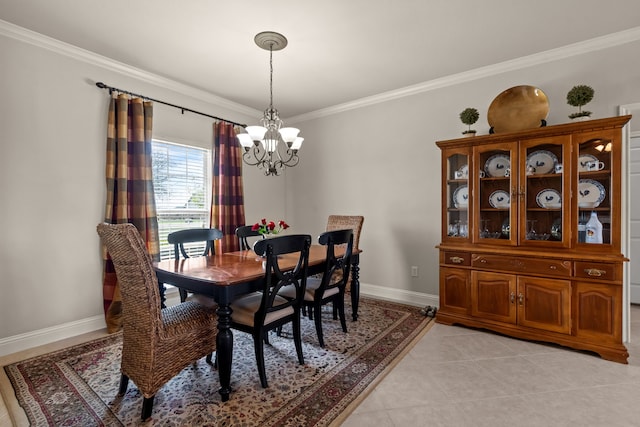 dining space with baseboards, light tile patterned floors, ornamental molding, and a notable chandelier