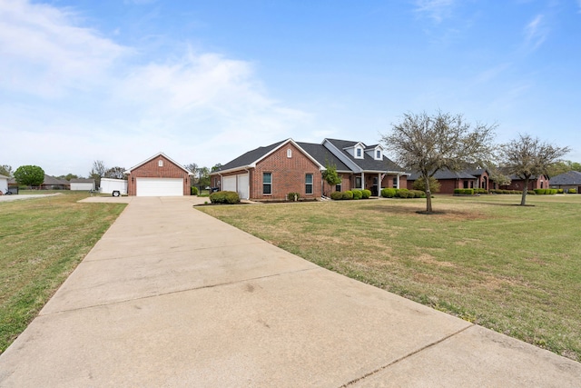 view of front of property with brick siding, a detached garage, a front yard, and an outbuilding