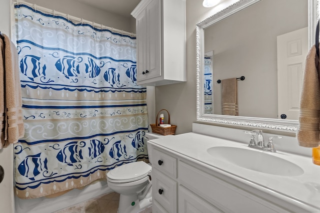 full bathroom featuring a shower with curtain, tile patterned floors, vanity, and toilet