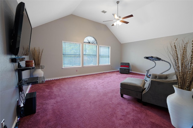 1808 Paddington Ct, Arlington, TX 76017 - living area featuring a ceiling fan, carpet, vaulted ceiling, and baseboards