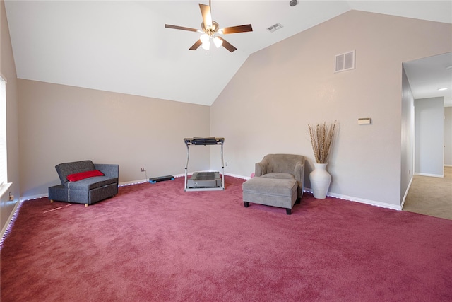 1808 Paddington Ct, Arlington, TX 76017 - living area featuring vaulted ceiling, carpet floors, a ceiling fan, and baseboards