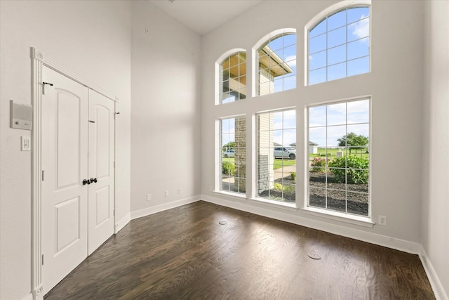 153 Whispering Winds Dr, Gunter, TX 75058 - empty room with a high ceiling, dark wood finished floors, and baseboards