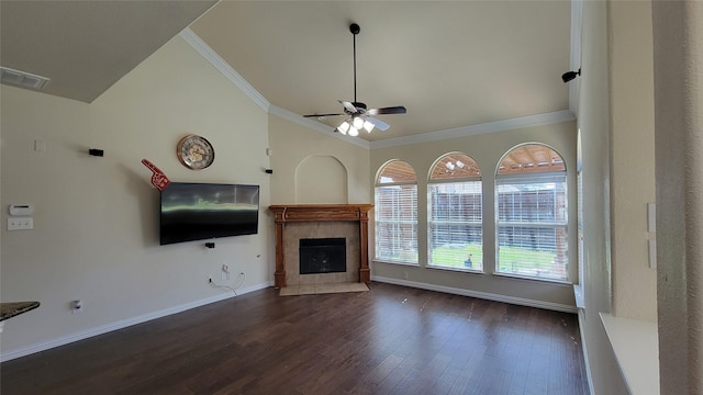 unfurnished living room featuring ceiling fan, visible vents, crown molding, and wood finished floors