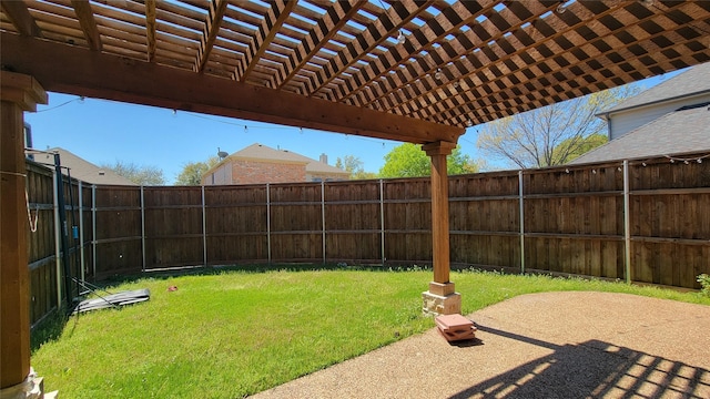 view of yard with a fenced backyard and a pergola
