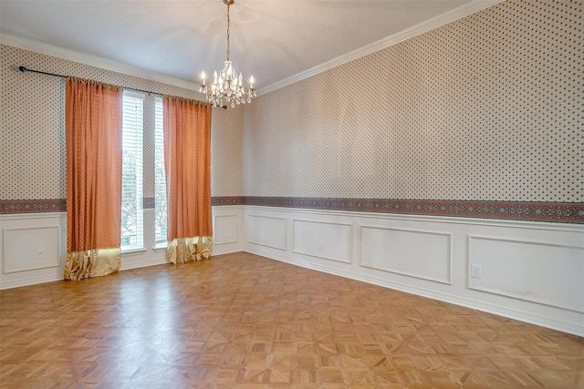 1002 Loch Lomond Dr, Arlington, TX 76012 - spare room featuring wallpapered walls, ornamental molding, a chandelier, and wainscoting