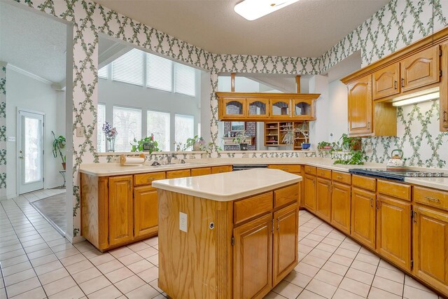 1002 Loch Lomond Dr, Arlington, TX 76012 - kitchen featuring a center island, light countertops, and light tile patterned floors