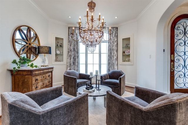 3404 Marquette St, University Park, TX 75225 - living area featuring a chandelier, arched walkways, baseboards, crown molding, and built in shelves