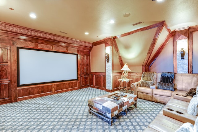 cinema room with recessed lighting, visible vents, and carpet floors