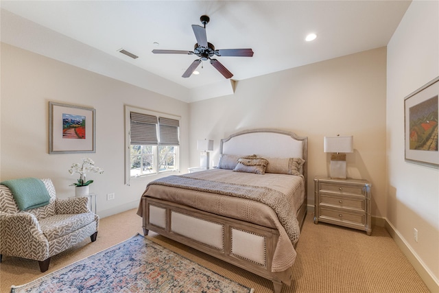 bedroom with light colored carpet, visible vents, ceiling fan, baseboards, and recessed lighting