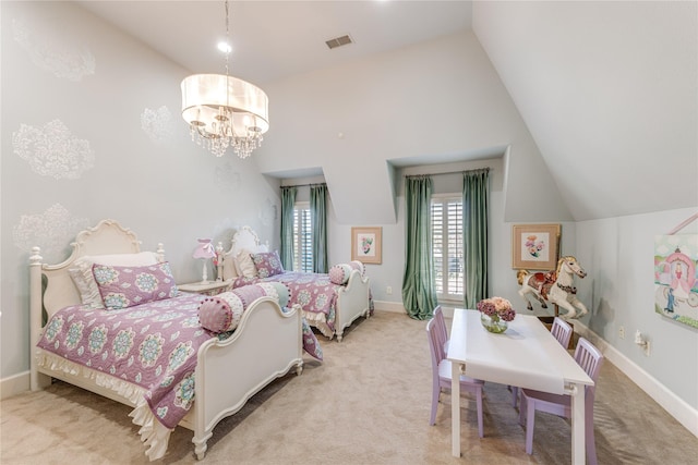 bedroom with lofted ceiling, visible vents, carpet floors, and a chandelier