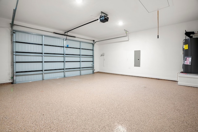 garage featuring baseboards, electric panel, electric water heater, and a garage door opener