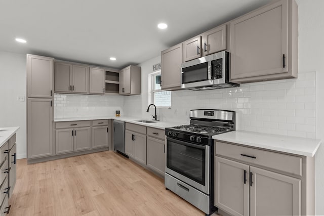 2225 Mack Ln, Dallas, TX 75227 - kitchen with stainless steel appliances, open shelves, a sink, gray cabinetry, and light wood-style floors