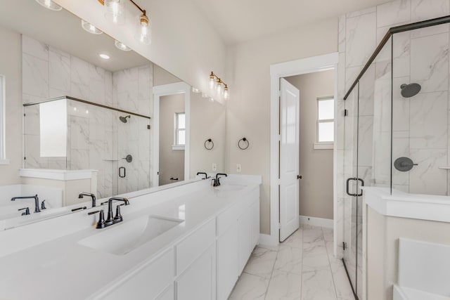 4133 Old Springtown Rd, Weatherford, TX 76085 - bathroom with marble finish floor, a sink, a marble finish shower, and a healthy amount of sunlight