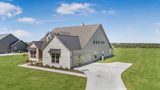 4133 Old Springtown Rd, Weatherford, TX 76085 - exterior space featuring a front yard, stone siding, a standing seam roof, concrete driveway, and metal roof