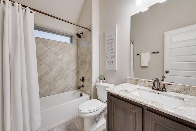 full bathroom featuring toilet, vanity, and shower / tub combo with curtain