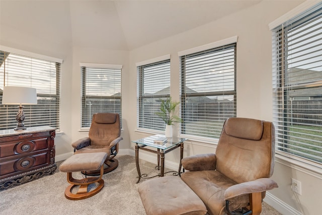 living area featuring plenty of natural light, carpet floors, and baseboards