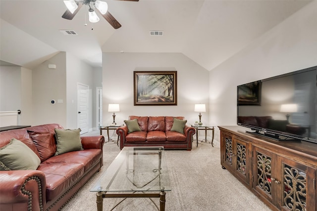 carpeted living area featuring lofted ceiling, a ceiling fan, and visible vents