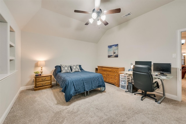 bedroom with baseboards, vaulted ceiling, visible vents, and carpet flooring