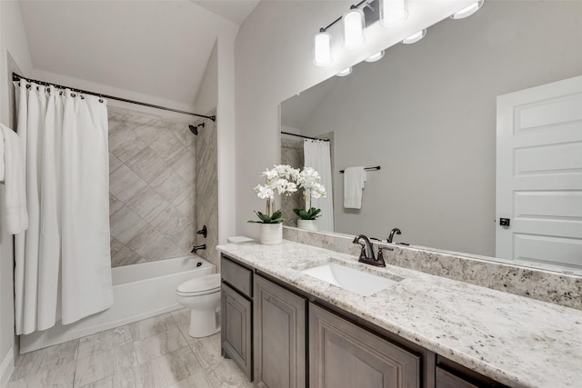 bathroom with shower / tub combo with curtain, toilet, and vanity