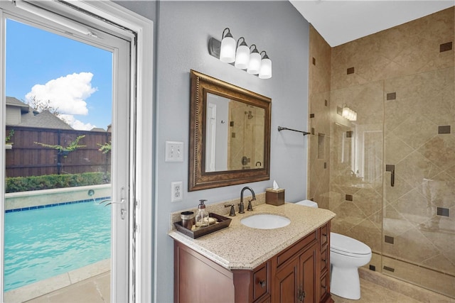 bathroom with a stall shower, toilet, tile patterned flooring, and vanity