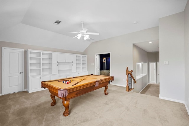 playroom with visible vents, ceiling fan, light carpet, billiards, and vaulted ceiling