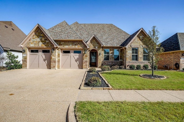 2729 River Path Ct, Burleson, TX 76028 - craftsman house with stone siding, an attached garage, a front lawn, and concrete driveway