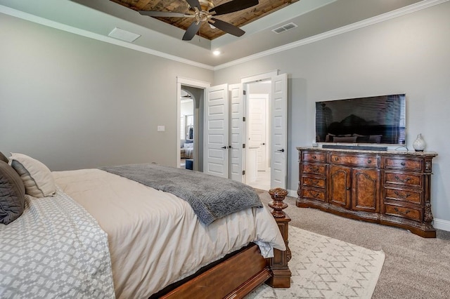 2729 River Path Ct, Burleson, TX 76028 - carpeted bedroom with a tray ceiling, crown molding, baseboards, ceiling fan, and visible vents