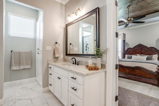 2729 River Path Ct, Burleson, TX 76028 - ensuite bathroom with crown molding, baseboards, marble finish floor, ensuite bath, and ceiling fan