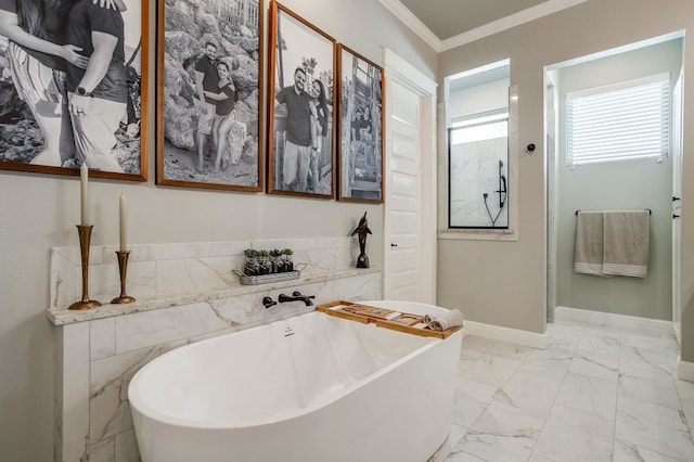 2729 River Path Ct, Burleson, TX 76028 - full bath with a walk in shower, marble finish floor, baseboards, a freestanding bath, and ornamental molding