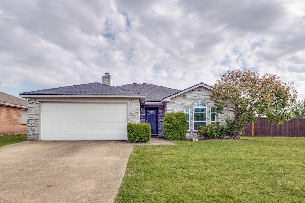 210 Lake Wichita Dr, Wylie, TX 75098 - ranch-style house featuring fence, an attached garage, a front yard, a chimney, and concrete driveway