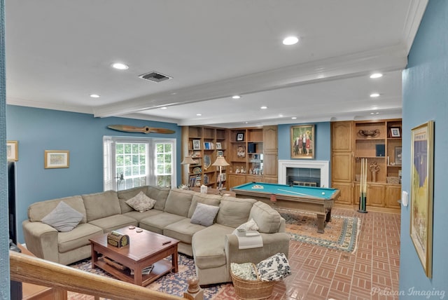 playroom with recessed lighting, billiards, visible vents, and crown molding