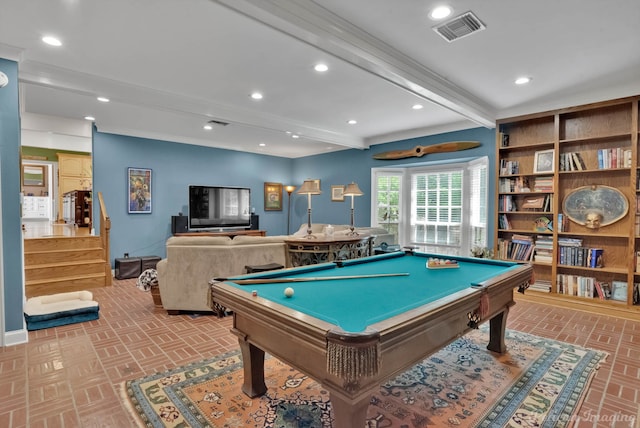 playroom featuring visible vents, recessed lighting, brick patterned floor, and beam ceiling