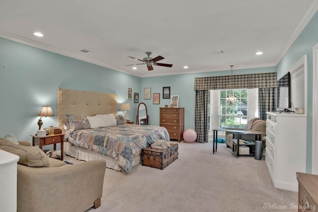 bedroom with crown molding, visible vents, recessed lighting, and light carpet