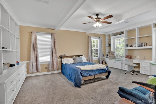 carpeted bedroom with ceiling fan, ornamental molding, and visible vents
