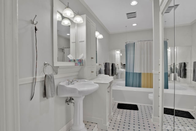 full bath featuring shower / bath combo and visible vents