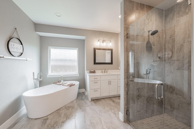 804 Shirley Jean Ln, Collinsville, TX 76233 - bathroom featuring baseboards, a freestanding bath, vanity, and a stall shower