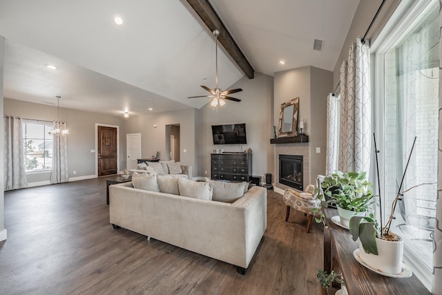 804 Shirley Jean Ln, Collinsville, TX 76233 - living area with dark wood finished floors, a glass covered fireplace, baseboards, a chandelier, and recessed lighting