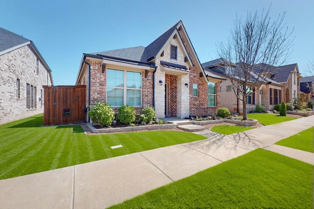 2037 Barx Dr, Little Elm, TX 75068 - view of front of home with a front lawn, brick siding, a gate, a shingled roof, and stone siding