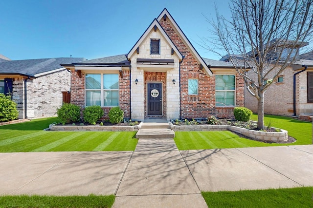 view of front of property featuring stone siding, brick siding, a front yard, and roof with shingles